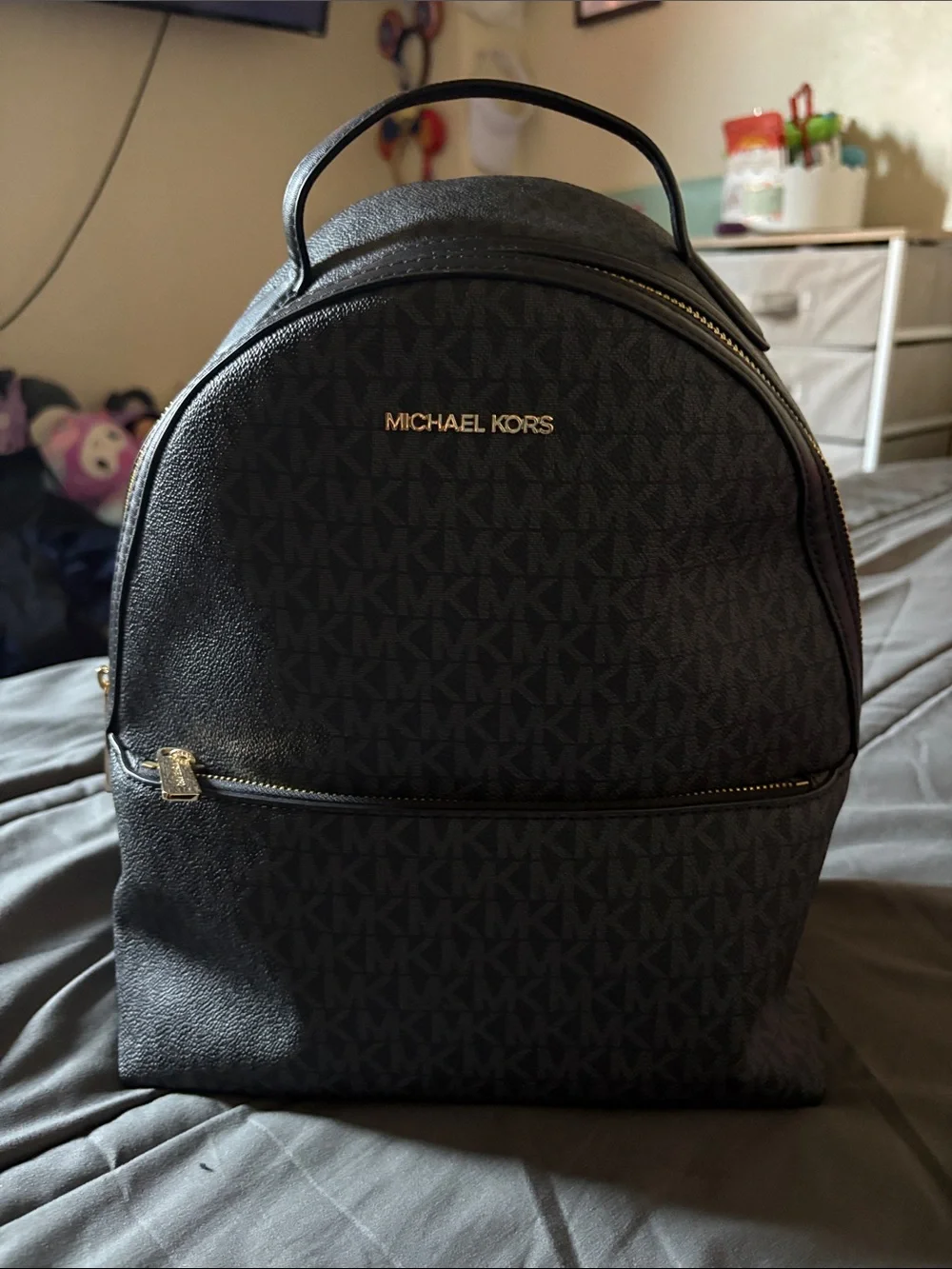 Michael Kors Black Logo Canvas Backpack with Gold Hardware